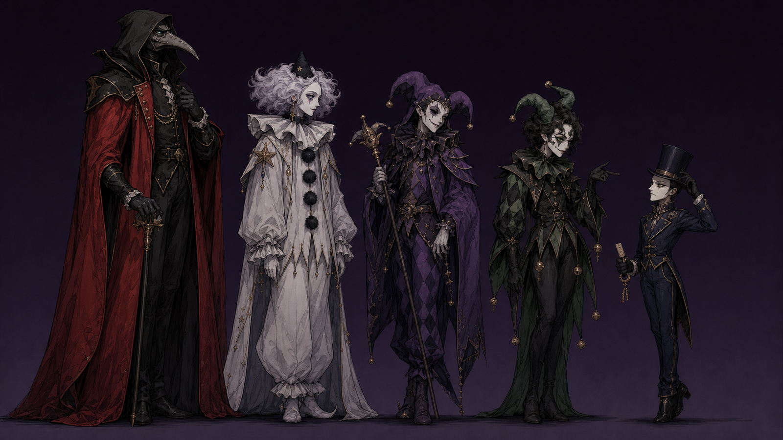 A dark gothic circus lineup of five masked performers arranged from tallest to shortest.
