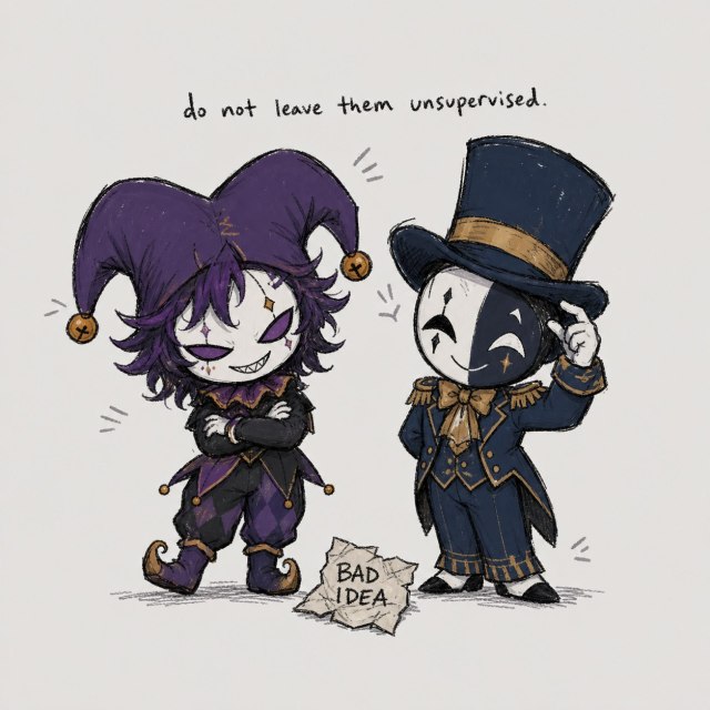 Fan-made Pierrot and Harlequin terrible decision duo artwork for The Freak Circus