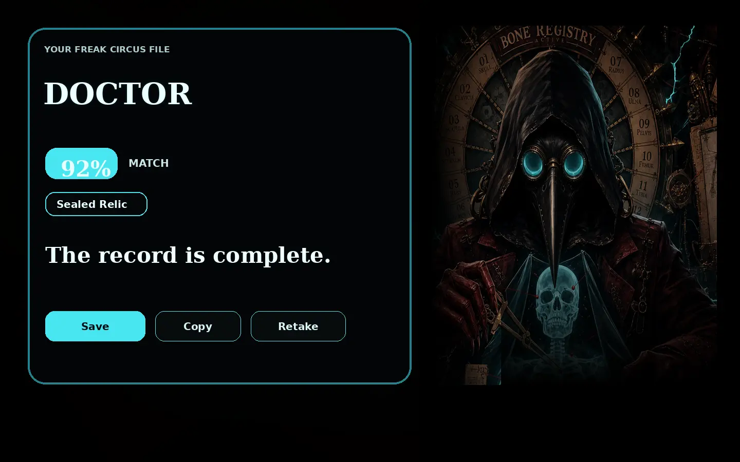 Doctor first-screen quiz result hero artwork for The Freak Circus