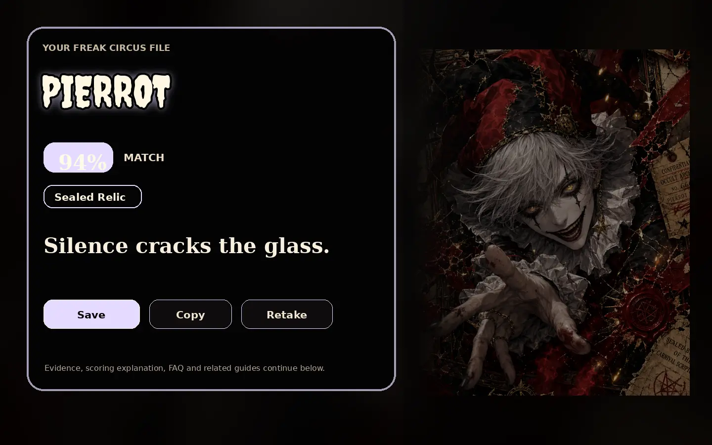 Pierrot first-screen quiz result hero artwork for The Freak Circus