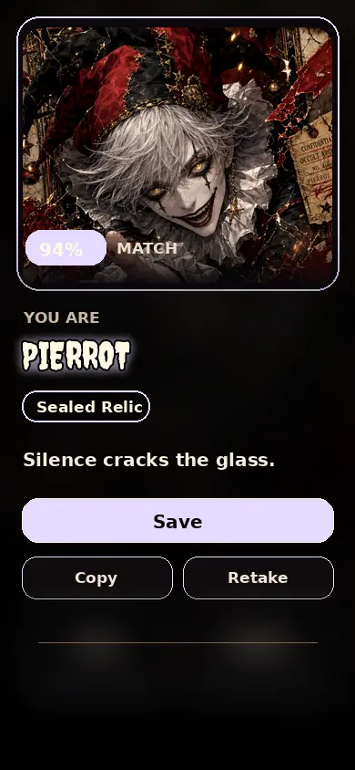 Pierrot first-screen quiz result hero artwork for The Freak Circus