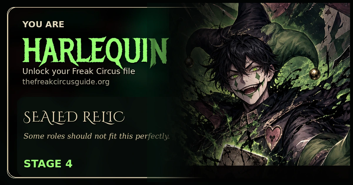 Harlequin share card for The Freak Circus character quiz