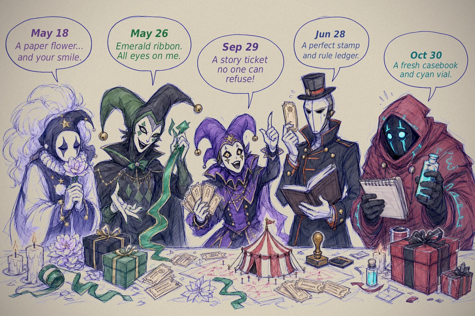 The Freak Circus character birthdays wish board for Pierrot, Harlequin, Jester, Ticket Taker, and Doctor with guide-flavor gift notes.