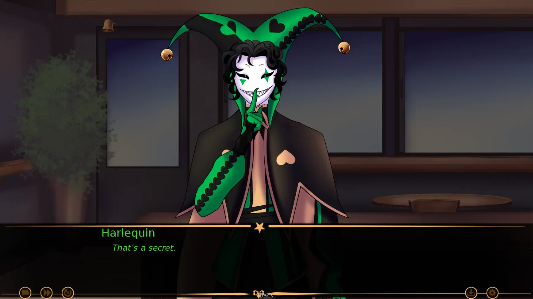 Harlequin making a secret gesture in an official current-build The Freak Circus screenshot