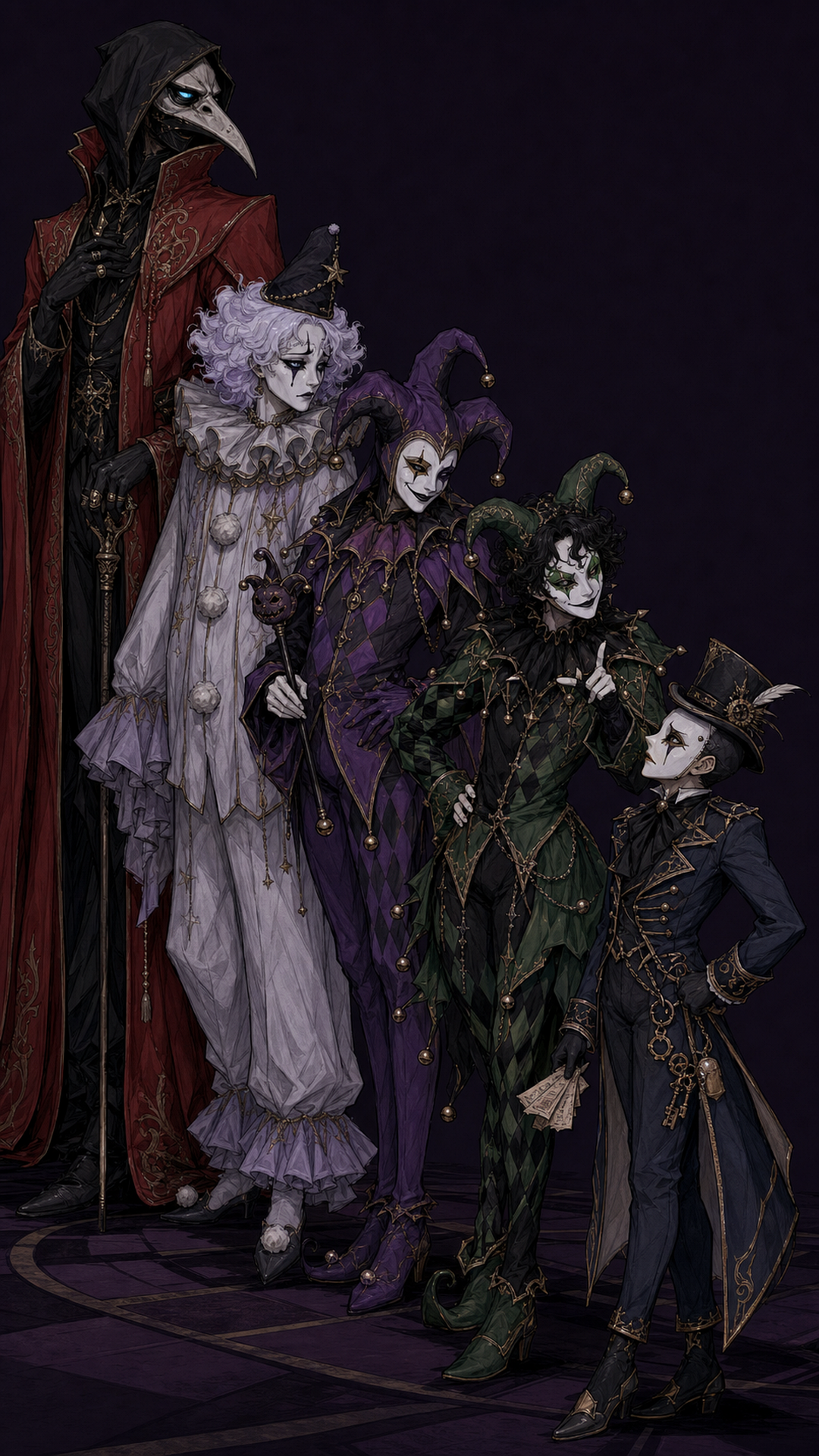 A dark gothic circus lineup of five masked performers standing together.