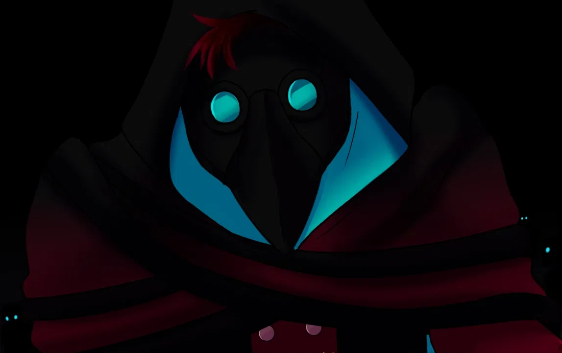 Doctor character reference artwork with a plague mask, cyan goggles, and cyan collar