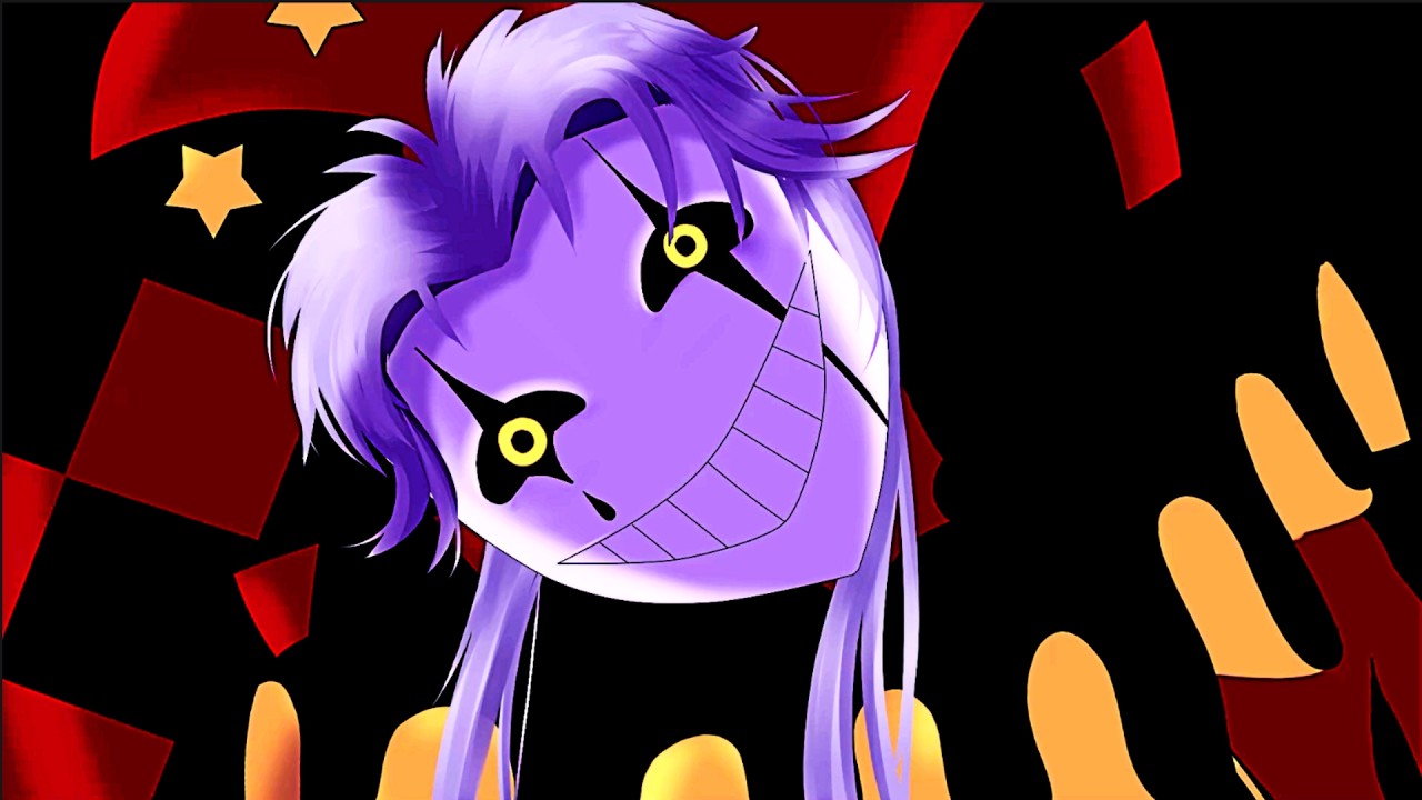 Jester character reference artwork with a pale face, purple headpiece, and yellow eyes