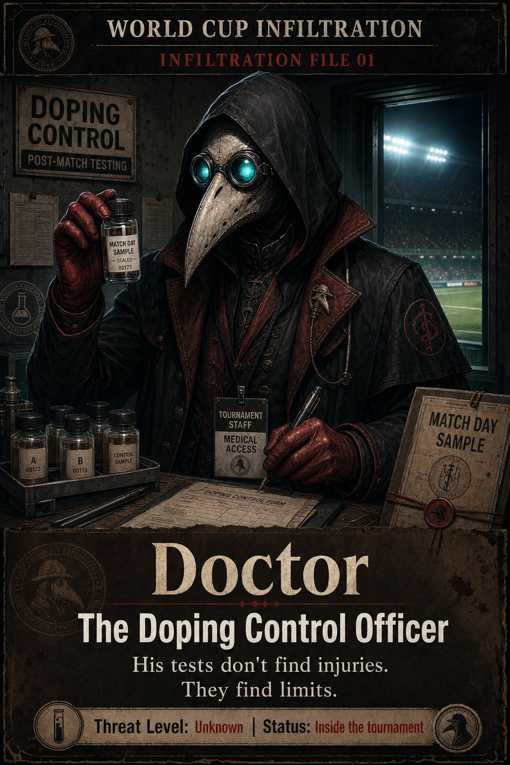 Doctor as a World Cup doping control officer in a classified infiltration file card