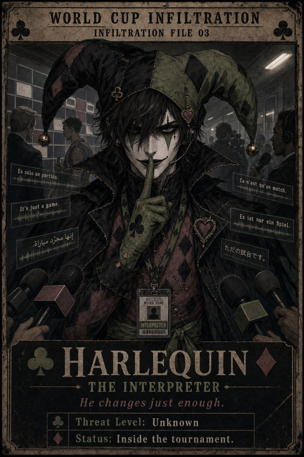 Harlequin as a World Cup interpreter in a classified infiltration file card