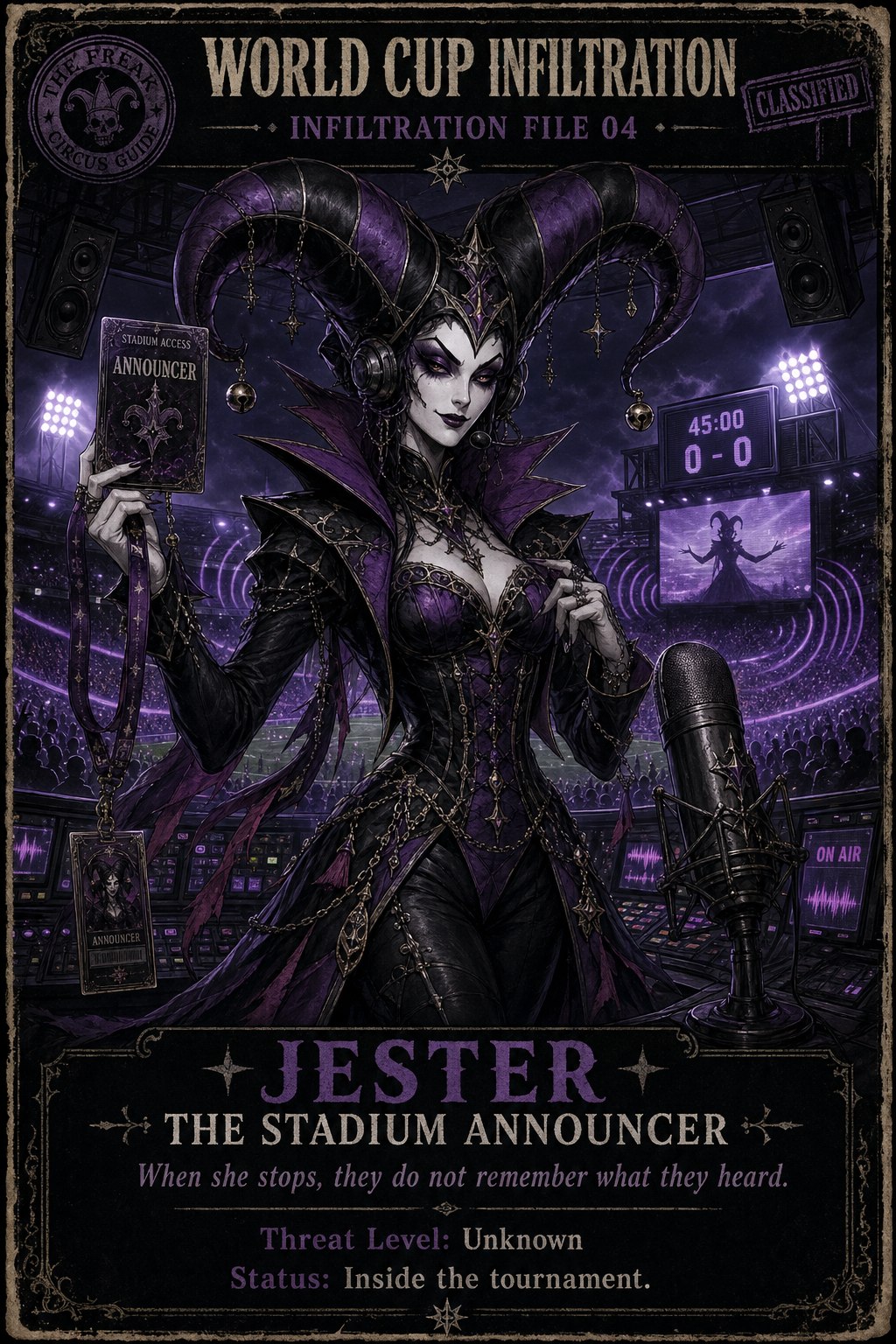 Jester as a World Cup stadium announcer in a classified infiltration file card