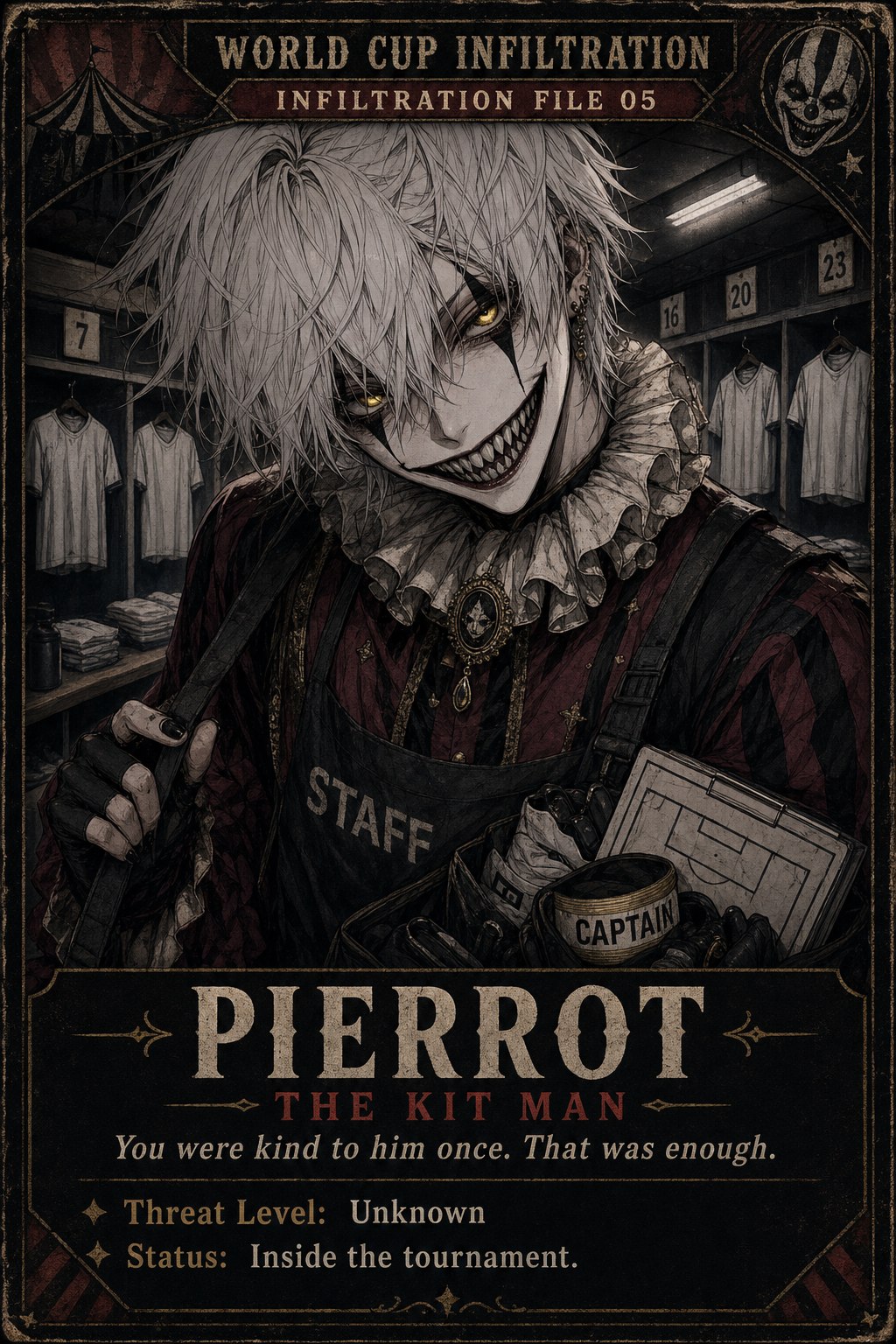 Pierrot as a World Cup kit man in a classified infiltration file card