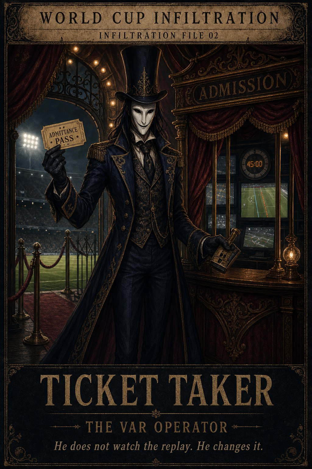 Ticket Taker as a World Cup VAR operator in a classified infiltration file card